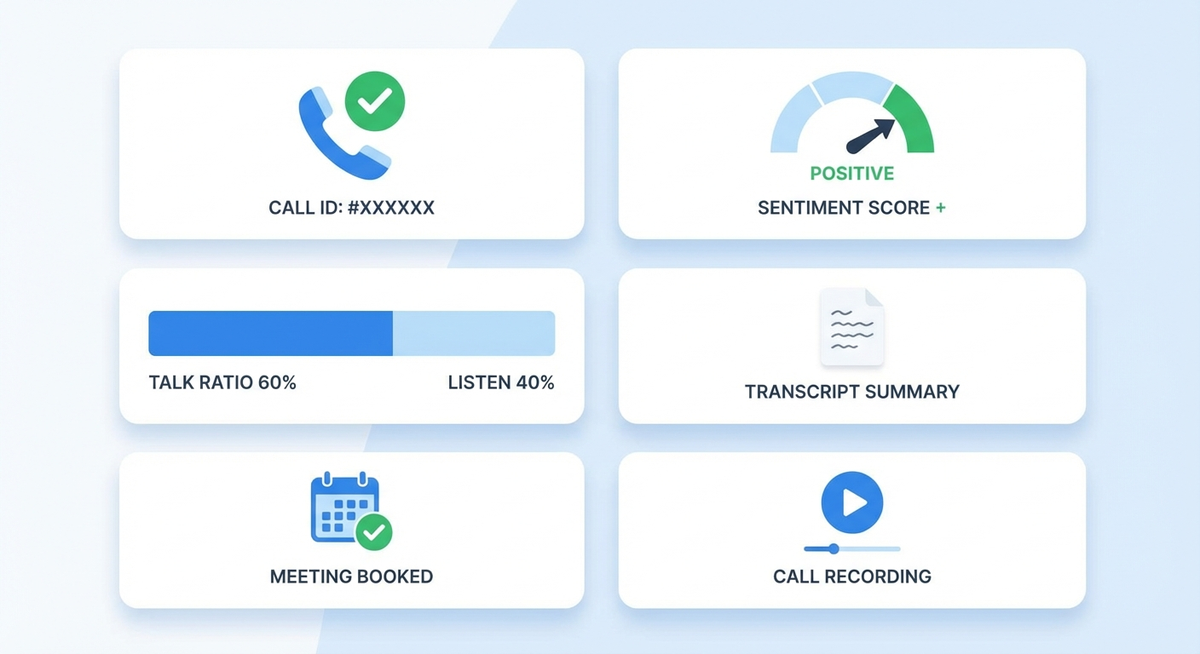 Abstract illustration of a completed call record with disposition, sentiment, talk ratio, and transcript data